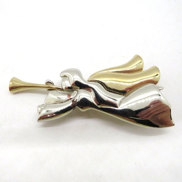 Liz Claiborne Angel Brooch Gold Silver Tones Flying Trumpet 2.5" Pin  Two Tone - Picture 2 of 6
